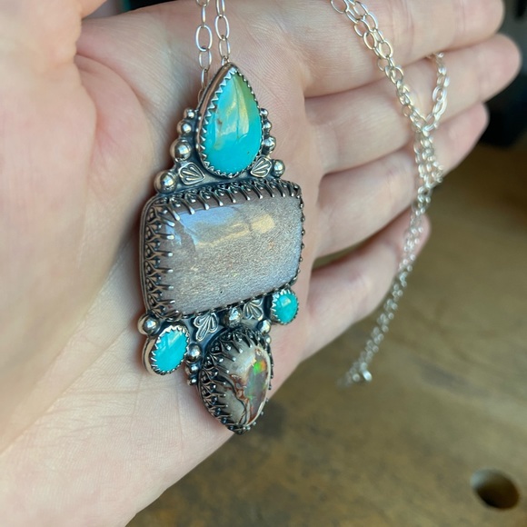 Artisan handmade Turquoise, opal and peach moonstone necklace - Picture 4 of 4